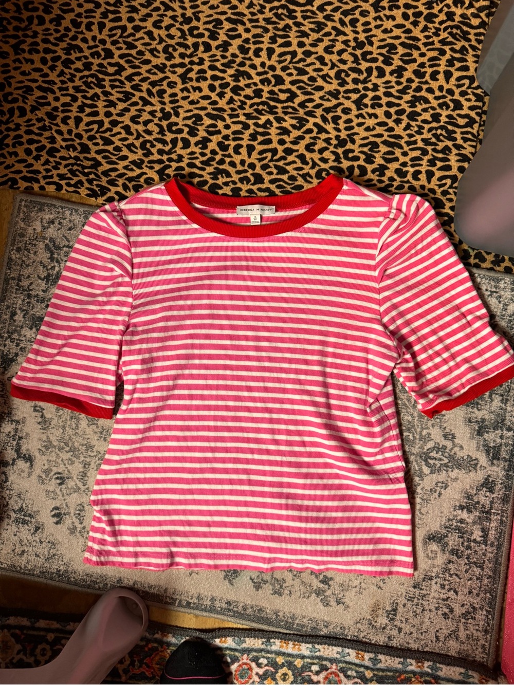 Ladies' Pink & White Striped Tee with Red Trim